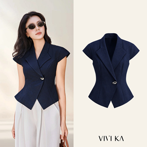 Chaleco de Traje NERINA para Oficina, Elegante, Azul Marino, con Solapa con Muescas, Manga Casquillo, Lazos Traseros y Peplum, para Mujer de Oficina, ODM OEM - Product Image 1