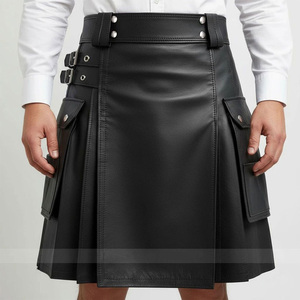 Kilt écossais en cuir de vache véritable pour homme, plissé, fait main, avec poches cargo romaines, noir - Product Image 1