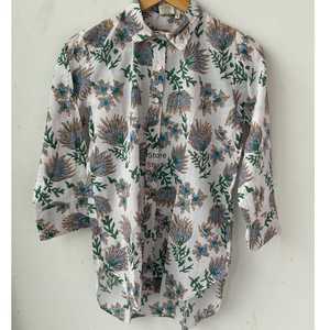Camisa de Lino con Estampado Floral para Mujer, Cuello con Botones, Manga Tres Cuartos, Estilo Casual, Primavera-Verano, Bordada, Corte Regular - Product Image 2