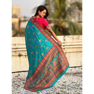 ชุดส่าหรีผ้าไหมวิสโคสแท้สีน้ำเงินรามา ลายพิมพ์ดั้งเดิม สำหรับผู้หญิง น้ำหนัก 750 กรัม ยี่ห้อ Elite Weaves - Product Image 4