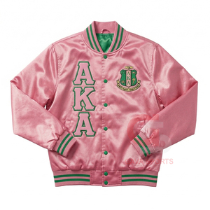 Chaqueta de satén rosa y verde griega para mujer AKA y chaqueta bomber de satén transpirable con bordado de punto para mujer. - Product Image 1