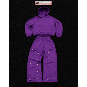 Conjunto de Sudadera con Capucha Morada Oversize para Hombre, Estilo Urbano Personalizado, Sudadera Pullover y Pantalones Anchos con Botones a Presión, Ropa Deportiva al por Mayor - Product Image 5
