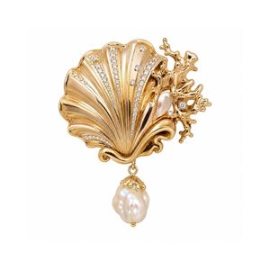 Ocean Gold Pin with Coral Branch and Round Pearls for Women Luxury Beach Party Jewelry Seashell Brooch - Product Image 2