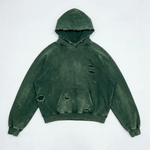 Oversized Unisex Hoodie Regular 100% Cotton French Terry Washed Distressed Solid <b>Green</b> Pocket Design Spring Style Breathable - Product Image 1