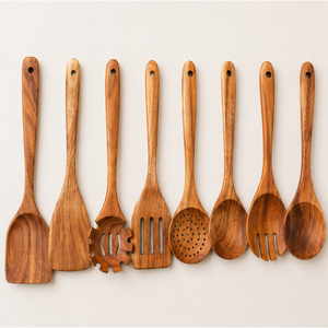Ensemble de cuillères de cuisine en bois écologiques et modernes, spatules en bois compatibles avec les ustensiles antiadhésifs, fournitures de cuisine en vrac - Product Image 1