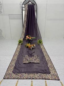 Sari de organza morado oscuro con bordado floral elaborado y blusa para mujer, ropa tradicional india para bodas. - Product Image 6