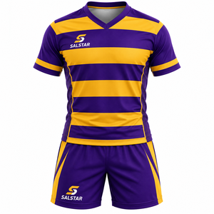Conjunto Deportivo Salstar para Hombre, Camiseta con Cuello en V y Pantalones Cortos, Rayas Moradas y Amarillas, Uniforme de Rugby y Fútbol Transpirable, Tela Flexible, Personalizable - Product Image 1