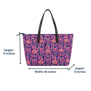 Bolso Tote con Estampado Floral para Mujer, Cierre de Cremallera, Asas Negras, Patrón Azul y Rosa, Bolso de Compras de Moda para Todas las Temporadas - Product Image 4