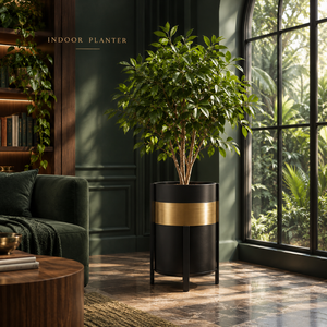 Macetero Moderno de Metal Negro para Interiores con Detalles en Oro Cepillado |   Soporte Alto para Macetas, para Sala de Estar, Hotel, Oficina, Decoración del Hogar - Product Image 2