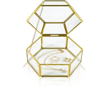 Vintage Glass Jewelry <b>Trinket</b> <b>Box</b> - Geometric Golden Vanity Organizer holder with Drawer, Decorative Jewelry Display Glass <b>Box</b> - Product Image 4