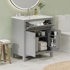 Mobile bagno singolo moderno grigio da 76 cm con lavabo in ceramica, 2 ante soft-close e un ripiano - Product Image 1
