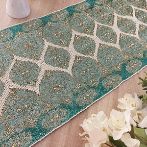 Oriental Handmade Fabric Table <b>Runner</b> Beaded Lotus Design Irregular Shape Mats & Pads - Product Image 4