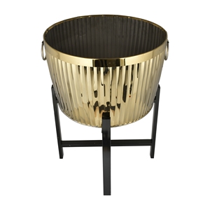 Grand pot de fleurs en acier inoxydable chromé or, à nervures, avec support noir, moderne, pour plantes d'intérieur et d'extérieur, 30L - Product Image 1