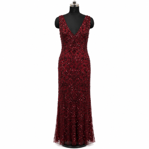Luxury Burgundy Wine <b>Red</b> <b>Sequin</b> Mermaid Evening Gown | Deep V Neck Sleeveless Floor Length Formal Party Cocktail Wedding Maxi - Product Image 1