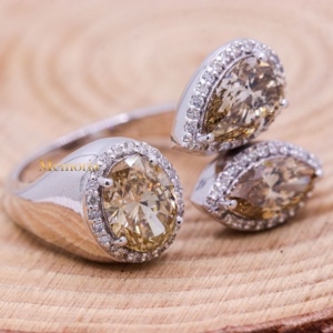 Wholesale 18K White Gold Custom Bridal Fancy Yellow Diamond Pear Marquise Oval 3 Stone Halo <b>Open</b> Engagement <b>Rings</b> - Product Image 5