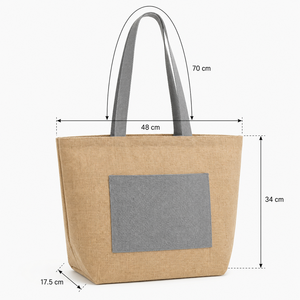 Sac fourre-tout personnalisé en jute et coton laminé avec poche extérieure et fermeture Velcro 48x34x17,5 cm Vente en gros OEM ODM Fabricant de marques privées - Product Image 2