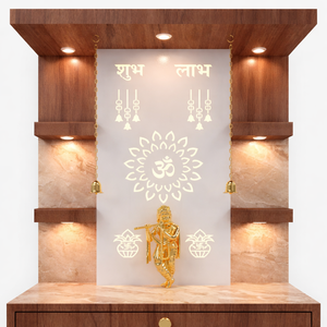 Teak Wood Home <b>Mandir</b> with LED Backlit Corian Backdrop | 75cm x 110cm Designer Puja Temple | <b>Mandir</b> with Storage Drawers - Product Image 4
