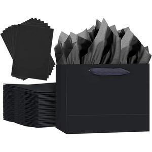 5PCS Black Medium Size Gift Bags with Ribbon Handles 9.6"x7.9"x4.3" Including 10PCS <b>Tissue</b> <b>Paper</b> Black Gift Bags Ribbon Handles - Product Image 2