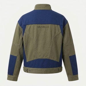 Blouson Biker Asymétrique Color Block Homme Personnalisé en Toile Délavée Vintage Col Montant Style Moto Streetwear Manteau d'extérieur - Product Image 2