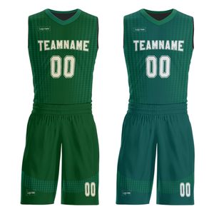 Custom Sublimated Basketball Uniform Set Green Mesh V-Neck Sleeveless Jersey with Elastic Waist Shorts Team Name Print 00 - Product Image 1