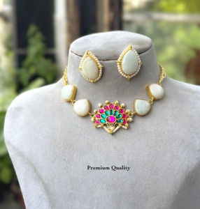 Floral Kundan <b>Necklace</b> <b>Set</b> with Earrings Gold Plated White Stone Ethnic Jewelry for Women <b>Wedding</b> Party Wear Premium Quality - Product Image 1