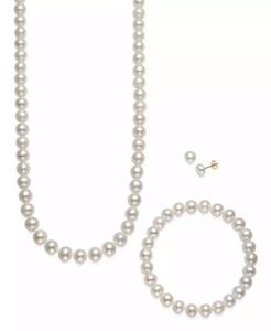 Set di perle d'acqua dolce coltivate 3 pezzi, collana, orecchini e bracciale in oro 14k | Macacy's - Product Image 1