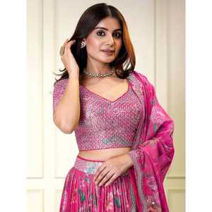 Merveilleux Rose Paillettes Organza Sangeet Wear Lehenga Choli - Product Image 5