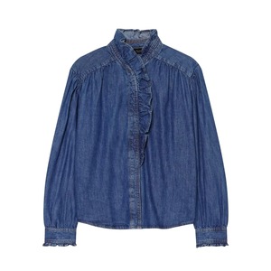 Sweat à capuche unisexe en denim délavé à volants, manches lanternes, col montant, coupe oversize, couleur unie, décontracté, pour l'été et l'automne - Product Image 1