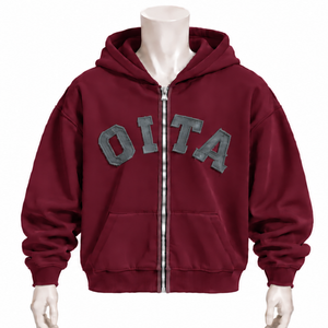 <b>Burgundy</b> <b>Mens</b> Full Zip <b>Hoodie</b> Chenille Letter Patch Heavyweight Fleece Oversized Casual Winter Streetwear Sweatshirt with Pocket - Product Image 1