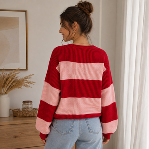 Cárdigan de Punto a Rayas Rojo y Rosa para Mujer, Cuello Redondo, Manga Regular, Otoño, Antipilling, Grueso, Informal, 100% Acrílico - Product Image 4