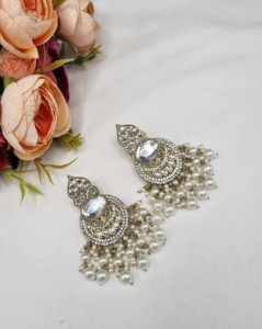 Elegant Oval Cut Stone Chandbali Pearl Beaded <b>Dangle</b> <b>Earrings</b> For Women Artificial Ethnic Jewellery Festival Partywear Wholesale - Product Image 2