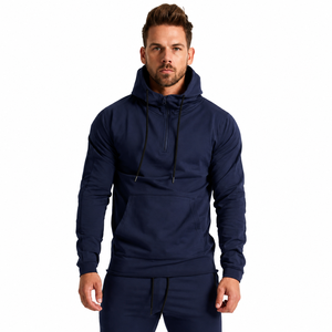 Navy Hooded <b>Zipper</b> Sweatshirt Full Sleeve Solid Color Casual Tracksuit <b>Top</b> Breathable Midweight Polyester Fit Regular Autumn We - Product Image 1