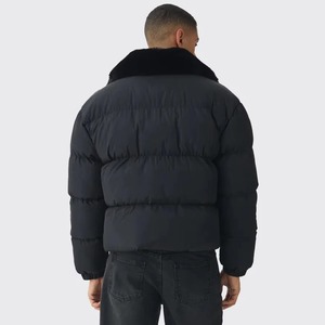 Blouson matelassé noir pour homme avec col en fourrure, imprimé logo flamme, coupe-vent, hiver, décontracté, fermeture éclair, rembourrage épais en polyester - Product Image 3