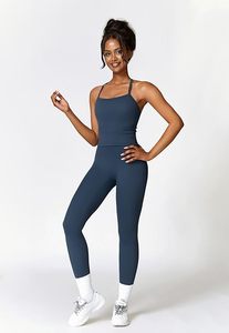<b>Women</b> Yoga Set Spaghetti Strap Scoop Neck Sleeveless <b>Crop</b> Top High Waist <b>Leggings</b> Two Piece Activewear Solid Color Seamless - Product Image 3