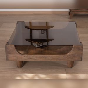 Vandana Golden Surface vintage design <b>square</b> coffee <b>table</b> in mango wood with <b>glass</b> top - Product Image 1