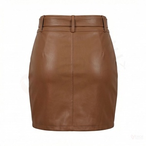 Mini-jupe en cuir PU marron pour femme, style crayon taille haute avec nœud papillon et fermeture éclair - Product Image 2