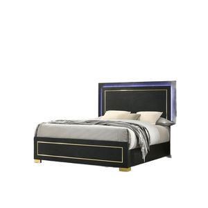 Queen Size <b>Bed</b> with LED W Black Wooden <b>Frame</b> and <b>Gold</b> Trim 1pc Up-Holstered Bedroom Furniture with Metal Bracket Legs - Product Image 5