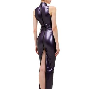 Sexy <b>Purple</b> PU Leather High Neck Sleeveless Bodycon <b>Maxi</b> <b>Dress</b> Fitted Solid Color Party Wear All Seasons - Product Image 4