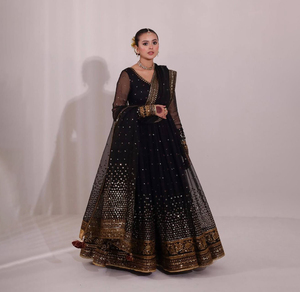 Style pakistanais indien lourd pur viscose velours Anarkali robe avec broderie paillettes travail longues filles Dupatta ensemble pour les mariages - Product Image 1