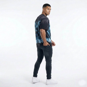 T-shirt à manches courtes noir pour homme avec imprimé crâne bleu et éclairs, col rond, coupe décontractée, jersey de coton - Product Image 4