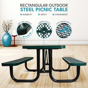Tavolo da Picnic Rettangolare Verde da 6 Piedi in Acciaio per Esterni con Supporto per Ombrellone - Product Image 3