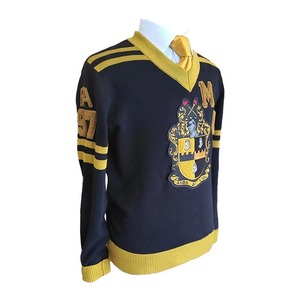 Women's Custom Brown V-Neck Knit <b>Sweater</b> Gold Embroidered Crest Letters Casual Full Sleeve 100% Cotton Twinset Double Breasted - Product Image 4
