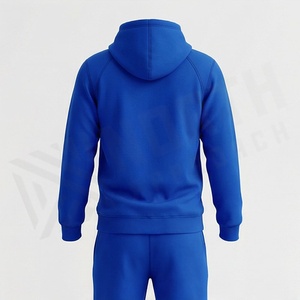 Men's Blue Hooded <b>Tracksuit</b> Full Sleeve Solid Color Casual Sportswear With Front Logo Print Breathable Polyester Material - Product Image 2