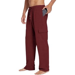Pantalones Deportivos de Pierna Recta Color Borgoña para Hombre, Talla Grande, Felpa de Algodón Grueso, Cordón Ajustable, Pantalones Casuales - Product Image 1