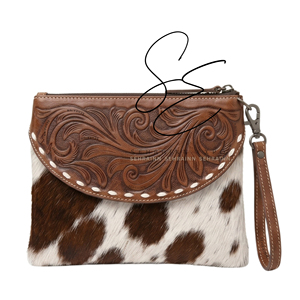 2026 Cowgirl Gypsy Handmade Western Hairon Cowhide <b>Wristlet</b> Clutch for Women Tooled Leather Zipper Pouch Bag - Product Image 1