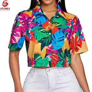 Camiseta Corta Elegante para Mujer, Transpirable, Ecológica, con Estampado de Hojas Coloridas, Cintura Alta, Manga Corta, con Logotipo Personalizado - Product Image 1