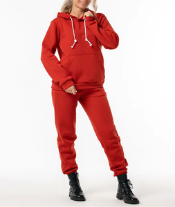 Ensemble de survêtement rouge à capuche pour femme, manches longues, couleur unie, décontracté, pour l'automne, pantalon de jogging en coton avec poches latérales et taille élastique - Product Image 1