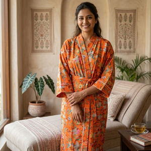 Bata Kimono de Algodón con Estampado Floral Naranja para Mujer, Cuello en V, Manga Larga, Cinturón con Cordón, Hecha a Mano, Ropa de Estar por Casa - Product Image 2