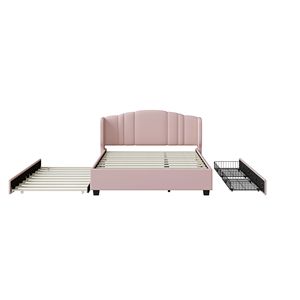 <b>Queen</b> Size Upholstered Platform Bed with Wingback <b>Headboard</b> & Twin Trundle 2 Drawers Linen Fabric No Box Spring Needed - Product Image 6