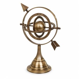 Sphère armillaire décorative artisanale en laiton antique avec anneau zodiacal, anneaux célestes rotatifs, détails de flèches et pieds classiques - Product Image 1